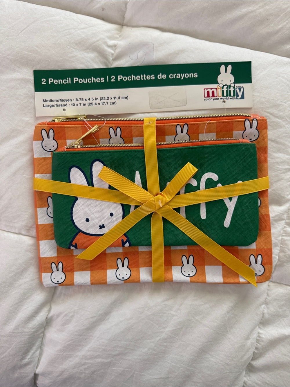 miffy Orange Check & Green Zip Pouches Set with Yellow Ribbon